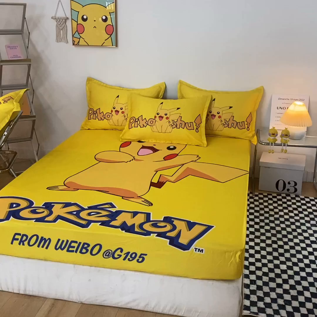 91家纺网 家纺一手货源 找家纺 一电 2024新款卡通床单床笠棕垫床套防尘罩席床垫保护套卡通儿童上下床床单床笠-第一批 唱歌皮卡丘