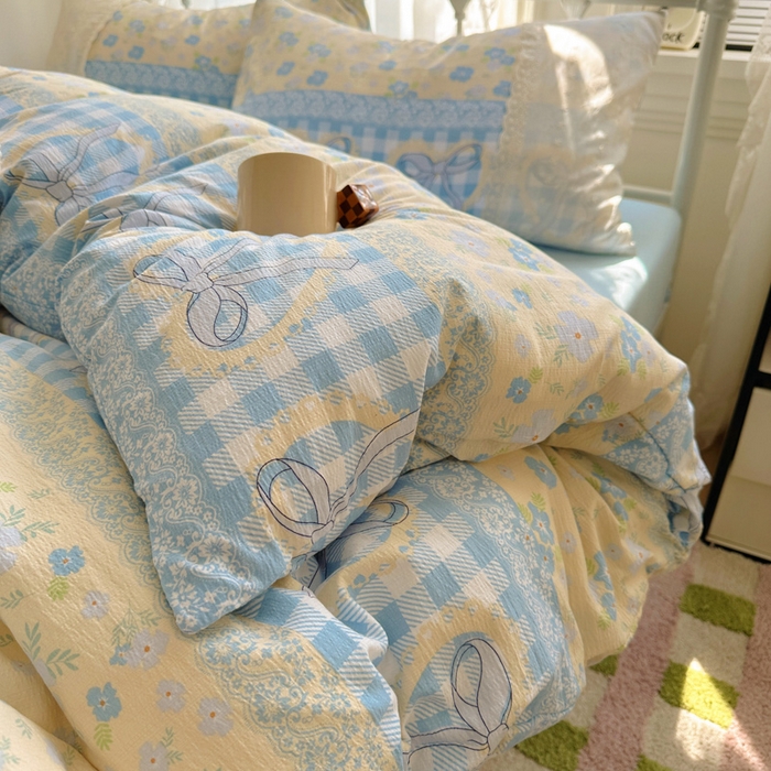 91家纺网 家纺一手货源 找家纺 花伞家居 2025新款A类韩系蕾丝花边云感木棉双层纱四件套（提供买家秀） 韩系爱洛