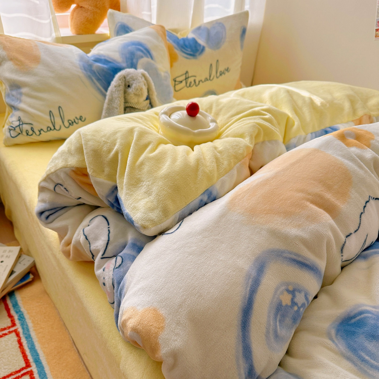 繁花家居 2025新款200克牛奶绒小清新卡通复古风三件套四件套 长耳朵狗