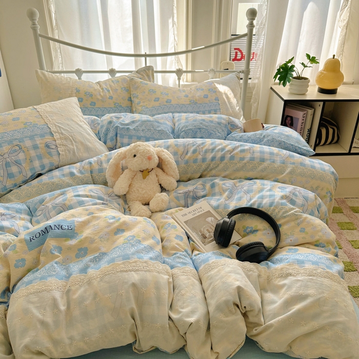 91家纺网 家纺一手货源 找家纺 花伞家居 2025新款A类韩系蕾丝花边云感木棉双层纱四件套（提供买家秀） 韩系爱洛