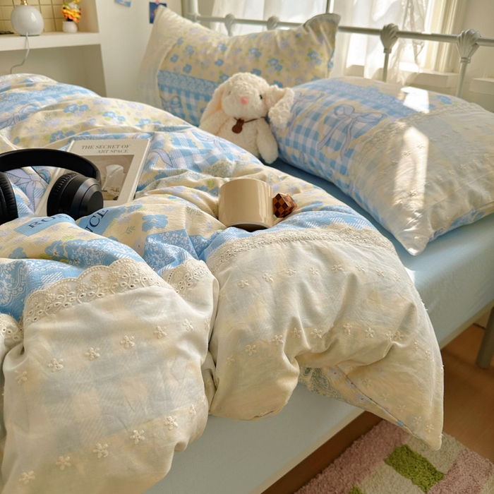 91家纺网 家纺一手货源 找家纺 花伞家居 2025新款A类韩系蕾丝花边云感木棉双层纱四件套（提供买家秀） 韩系爱洛