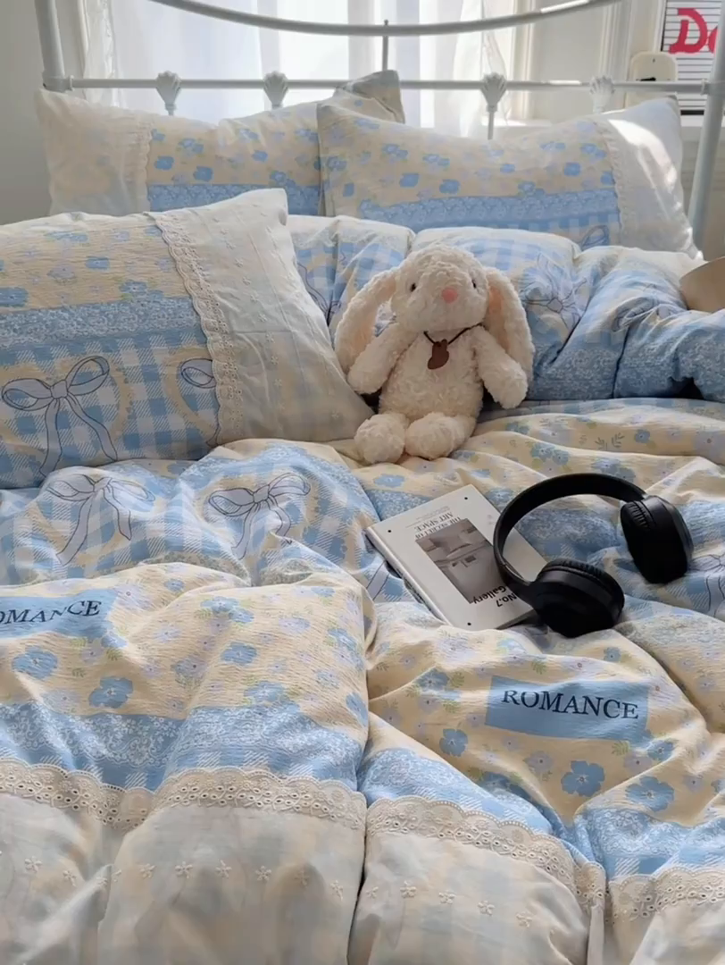 91家纺网 家纺一手货源 找家纺 花伞家居 2025新款A类韩系蕾丝花边云感木棉双层纱四件套（提供买家秀） 韩系爱洛