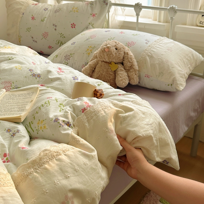 花伞家居 2025新款A类韩系蕾丝花边云感木棉双层纱四件套（提供买家秀） 韩系春沐