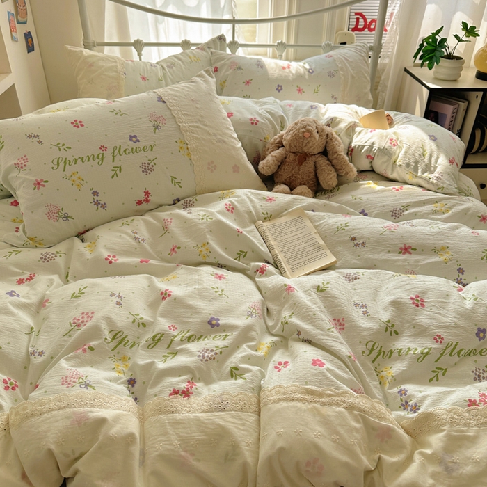 91家纺网 家纺一手货源 找家纺 花伞家居 2025新款A类韩系蕾丝花边云感木棉双层纱四件套（提供买家秀） 韩系春沐