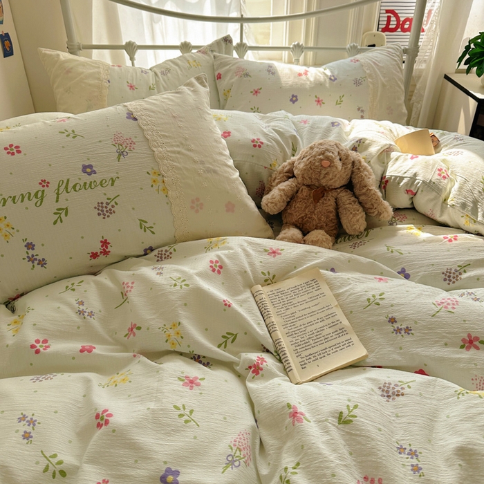 91家纺网 家纺一手货源 找家纺 花伞家居 2025新款A类韩系蕾丝花边云感木棉双层纱四件套（提供买家秀） 韩系春沐