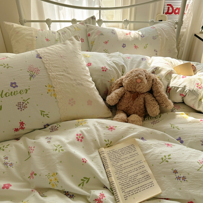 91家纺网 家纺一手货源 找家纺 花伞家居 2025新款A类韩系蕾丝花边云感木棉双层纱四件套（提供买家秀） 韩系春沐