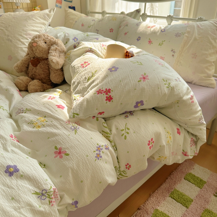 91家纺网 家纺一手货源 找家纺 花伞家居 2025新款A类韩系蕾丝花边云感木棉双层纱四件套（提供买家秀） 韩系春沐