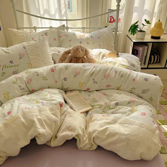 91家纺网 家纺一手货源 找家纺 花伞家居 2025新款A类韩系蕾丝花边云感木棉双层纱四件套（提供买家秀） 韩系春沐