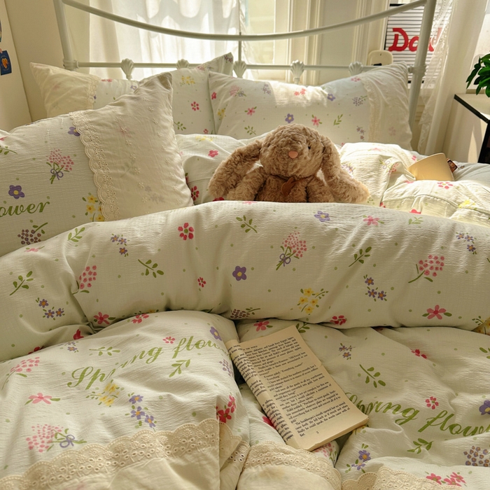 91家纺网 家纺一手货源 找家纺 花伞家居 2025新款A类韩系蕾丝花边云感木棉双层纱四件套（提供买家秀） 韩系春沐