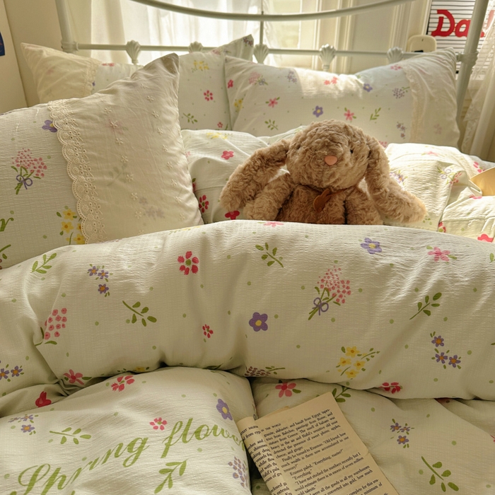 91家纺网 家纺一手货源 找家纺 花伞家居 2025新款A类韩系蕾丝花边云感木棉双层纱四件套（提供买家秀） 韩系春沐