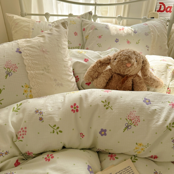 91家纺网 家纺一手货源 找家纺 花伞家居 2025新款A类韩系蕾丝花边云感木棉双层纱四件套（提供买家秀） 韩系春沐