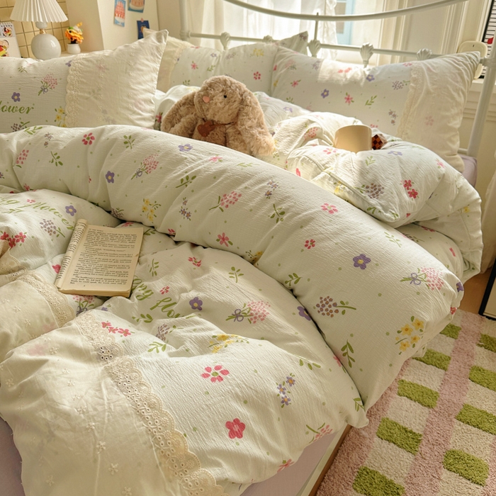 91家纺网 家纺一手货源 找家纺 花伞家居 2025新款A类韩系蕾丝花边云感木棉双层纱四件套（提供买家秀） 韩系春沐