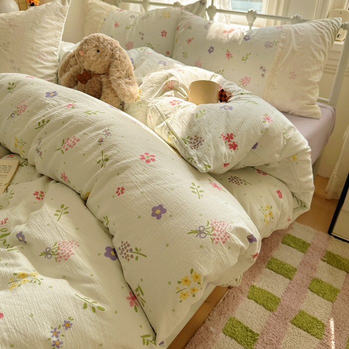 91家纺网 家纺一手货源 找家纺 花伞家居 2025新款A类韩系蕾丝花边云感木棉双层纱四件套（提供买家秀） 韩系春沐