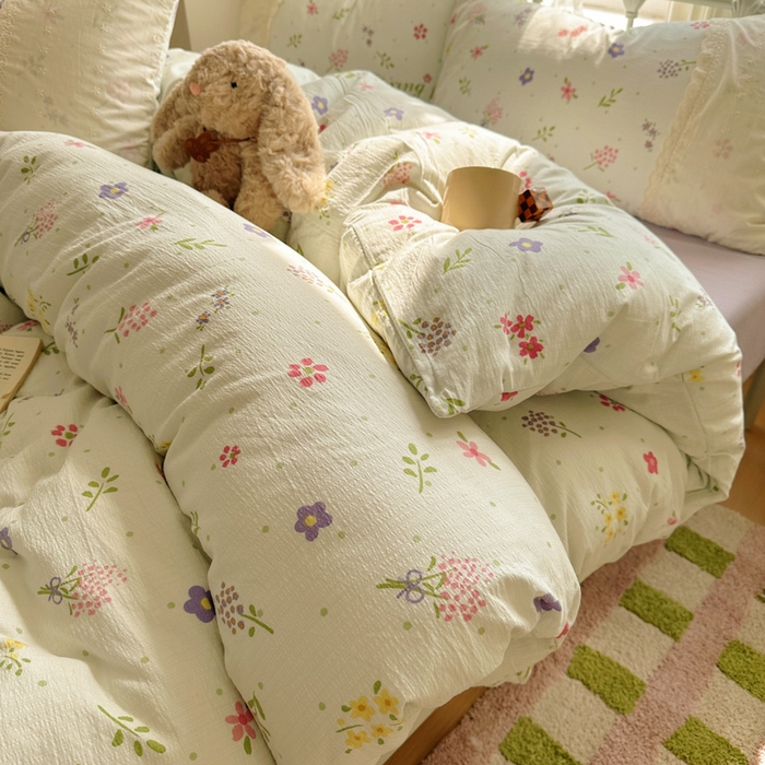 91家纺网 家纺一手货源 找家纺 花伞家居 2025新款A类韩系蕾丝花边云感木棉双层纱四件套（提供买家秀） 韩系春沐