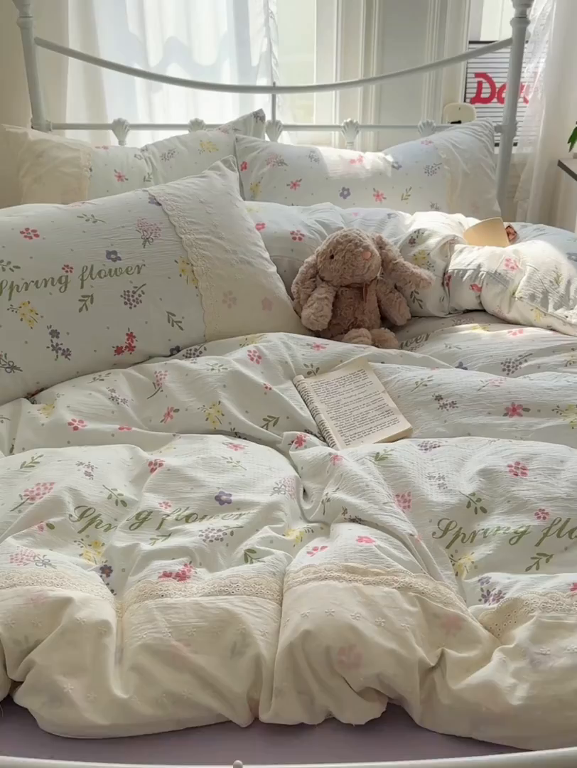 91家纺网 家纺一手货源 找家纺 花伞家居 2025新款A类韩系蕾丝花边云感木棉双层纱四件套（提供买家秀） 韩系春沐