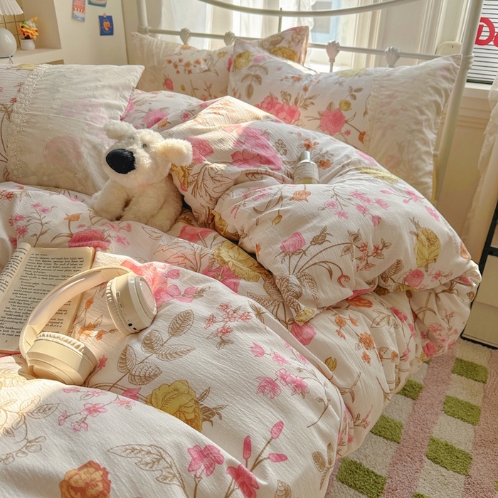 91家纺网 家纺一手货源 找家纺 花伞家居 2025新款A类韩系蕾丝花边云感木棉双层纱四件套（提供买家秀） 韩系繁花