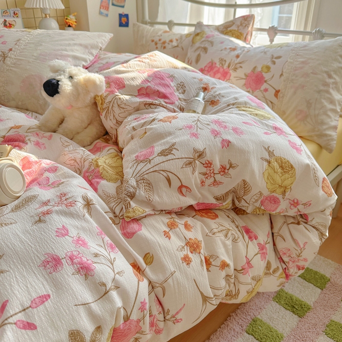 91家纺网 家纺一手货源 找家纺 花伞家居 2025新款A类韩系蕾丝花边云感木棉双层纱四件套（提供买家秀） 韩系繁花