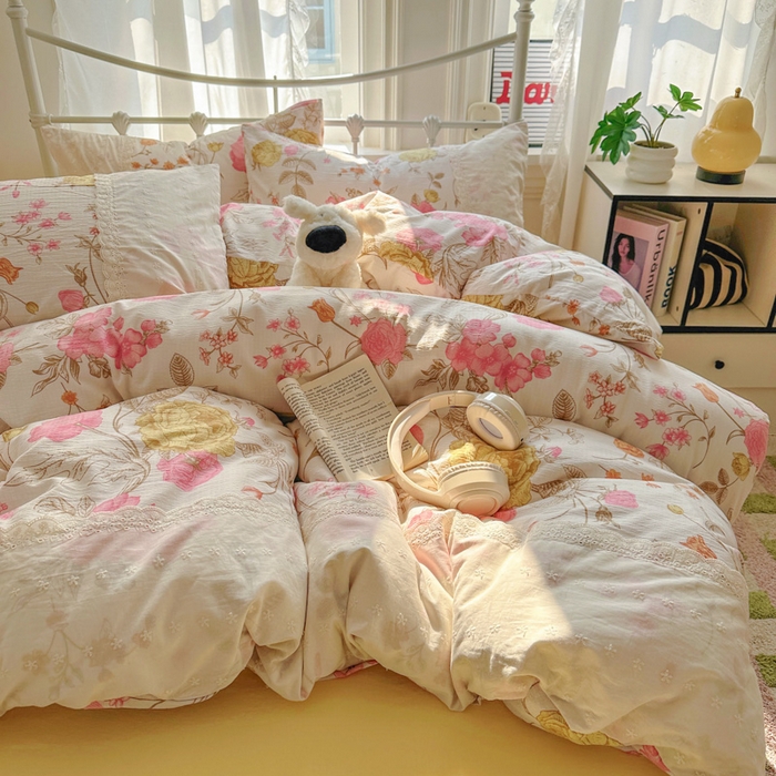 91家纺网 家纺一手货源 找家纺 花伞家居 2025新款A类韩系蕾丝花边云感木棉双层纱四件套（提供买家秀） 韩系繁花