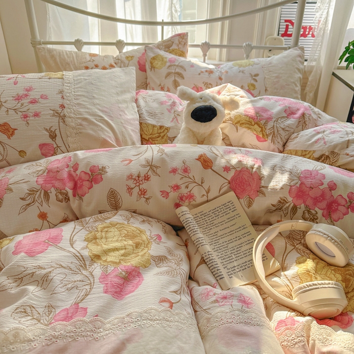 91家纺网 家纺一手货源 找家纺 花伞家居 2025新款A类韩系蕾丝花边云感木棉双层纱四件套（提供买家秀） 韩系繁花