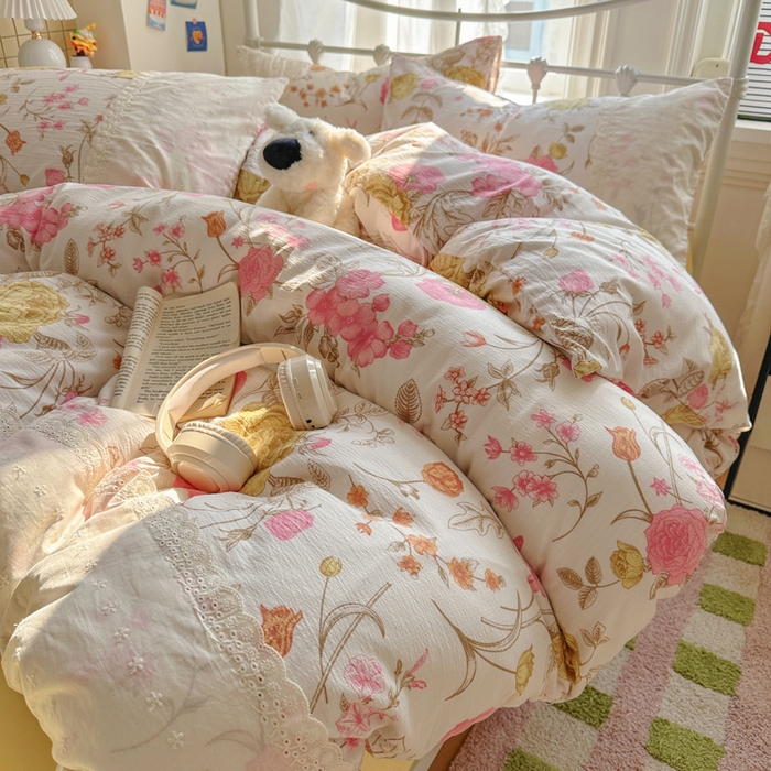 91家纺网 家纺一手货源 找家纺 花伞家居 2025新款A类韩系蕾丝花边云感木棉双层纱四件套（提供买家秀） 韩系繁花