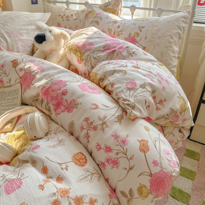 91家纺网 家纺一手货源 找家纺 花伞家居 2025新款A类韩系蕾丝花边云感木棉双层纱四件套（提供买家秀） 韩系繁花