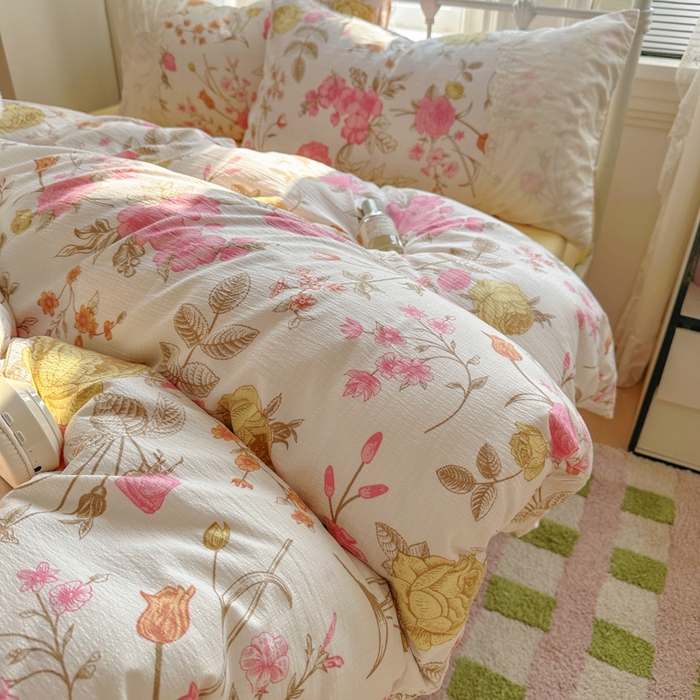 91家纺网 家纺一手货源 找家纺 花伞家居 2025新款A类韩系蕾丝花边云感木棉双层纱四件套（提供买家秀） 韩系繁花