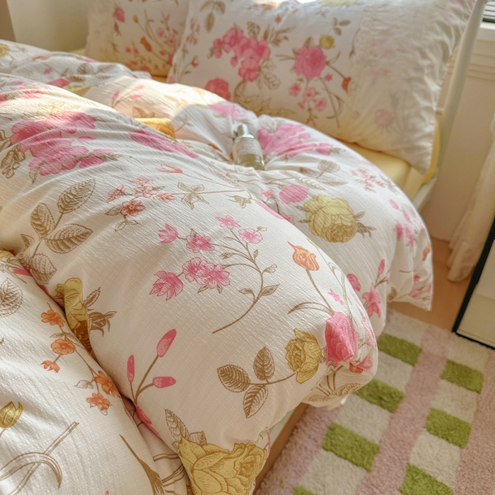 91家纺网 家纺一手货源 找家纺 花伞家居 2025新款A类韩系蕾丝花边云感木棉双层纱四件套（提供买家秀） 韩系繁花