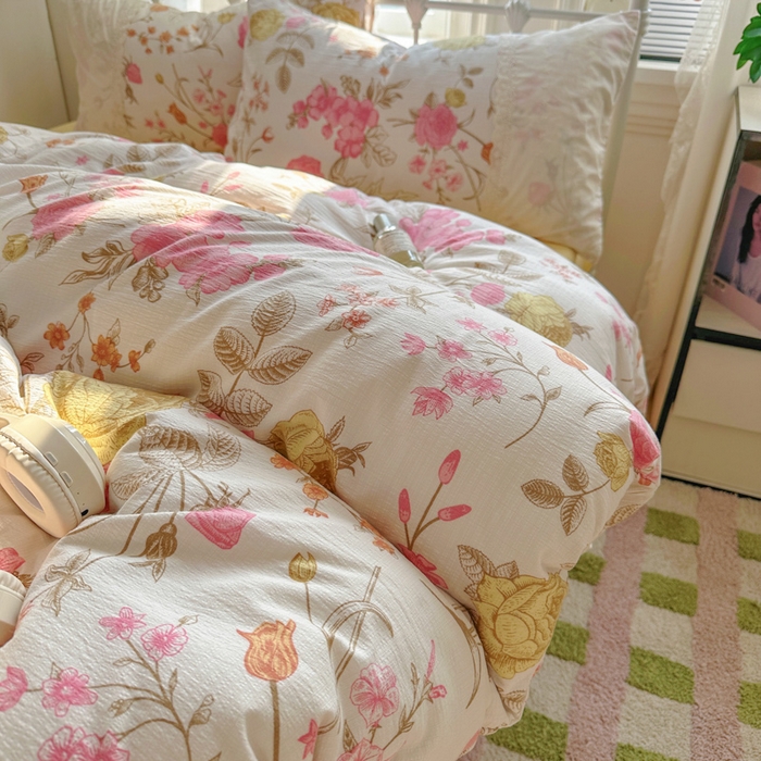 91家纺网 家纺一手货源 找家纺 花伞家居 2025新款A类韩系蕾丝花边云感木棉双层纱四件套（提供买家秀） 韩系繁花