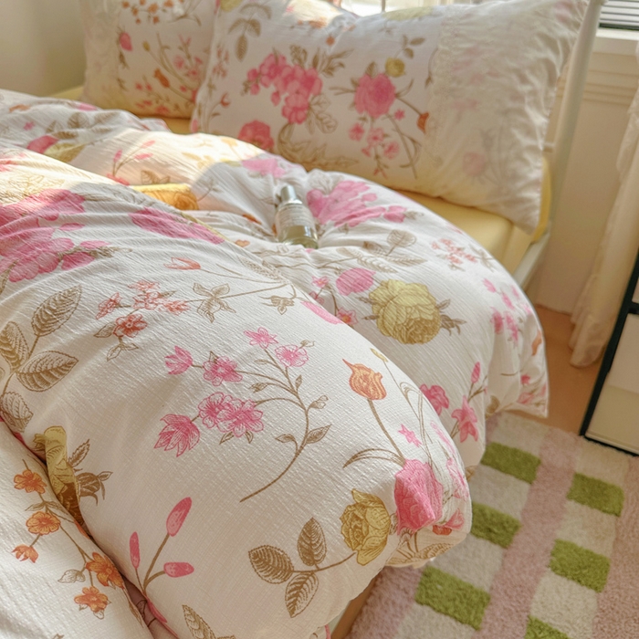 91家纺网 家纺一手货源 找家纺 花伞家居 2025新款A类韩系蕾丝花边云感木棉双层纱四件套（提供买家秀） 韩系繁花