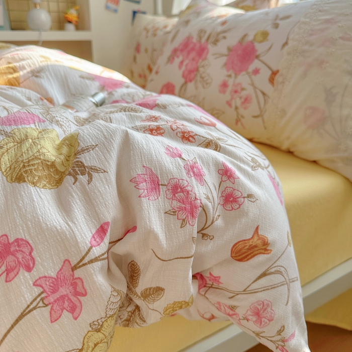 91家纺网 家纺一手货源 找家纺 花伞家居 2025新款A类韩系蕾丝花边云感木棉双层纱四件套（提供买家秀） 韩系繁花