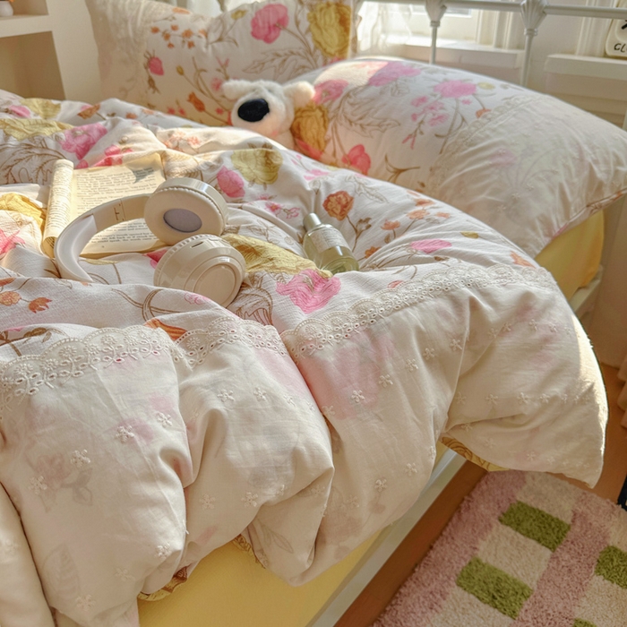 91家纺网 家纺一手货源 找家纺 花伞家居 2025新款A类韩系蕾丝花边云感木棉双层纱四件套（提供买家秀） 韩系繁花