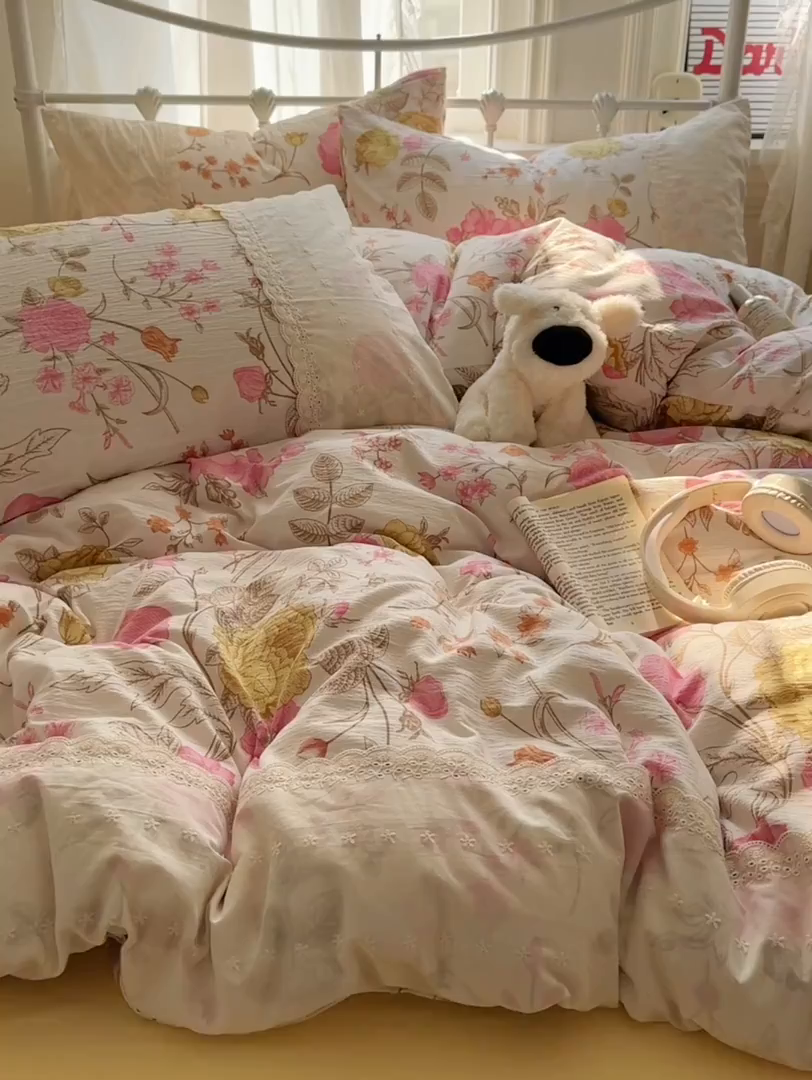 91家纺网 家纺一手货源 找家纺 花伞家居 2025新款A类韩系蕾丝花边云感木棉双层纱四件套（提供买家秀） 韩系繁花