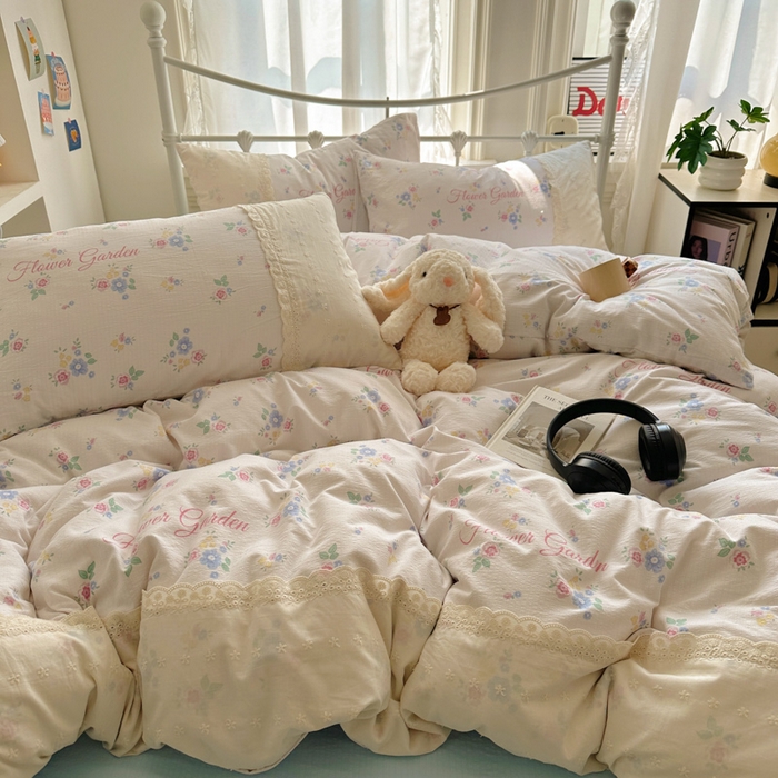 91家纺网 家纺一手货源 找家纺 花伞家居 2025新款A类韩系蕾丝花边云感木棉双层纱四件套（提供买家秀） 韩系锦朵