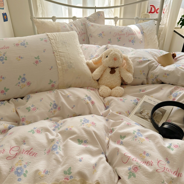 91家纺网 家纺一手货源 找家纺 花伞家居 2025新款A类韩系蕾丝花边云感木棉双层纱四件套（提供买家秀） 韩系锦朵