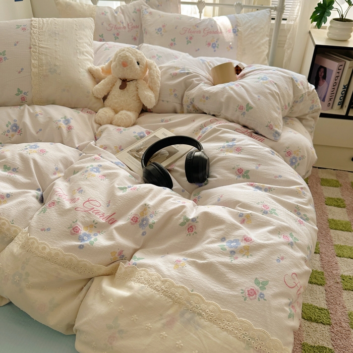 91家纺网 家纺一手货源 找家纺 花伞家居 2025新款A类韩系蕾丝花边云感木棉双层纱四件套（提供买家秀） 韩系锦朵