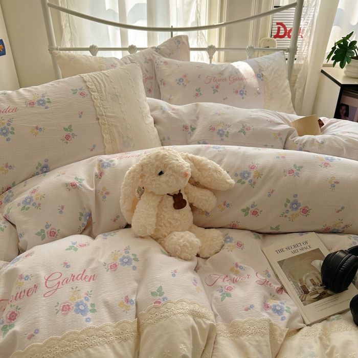 91家纺网 家纺一手货源 找家纺 花伞家居 2025新款A类韩系蕾丝花边云感木棉双层纱四件套（提供买家秀） 韩系锦朵