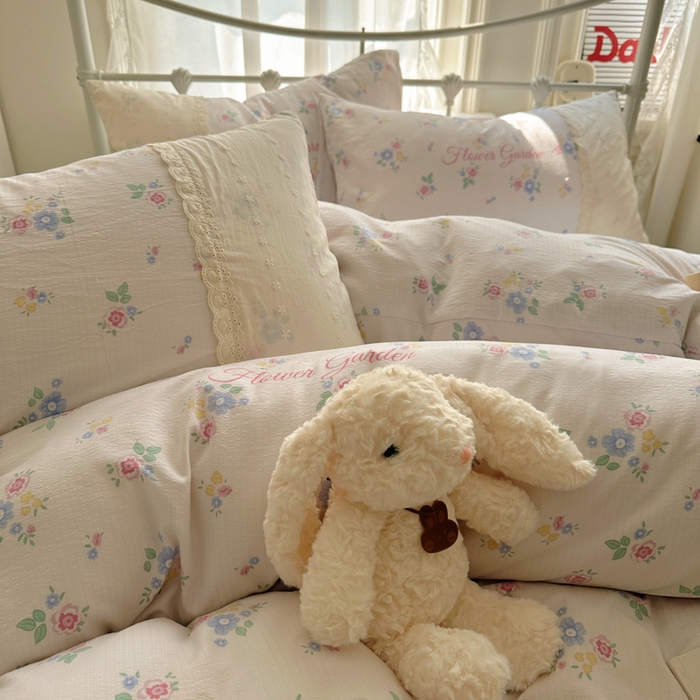 91家纺网 家纺一手货源 找家纺 花伞家居 2025新款A类韩系蕾丝花边云感木棉双层纱四件套（提供买家秀） 韩系锦朵