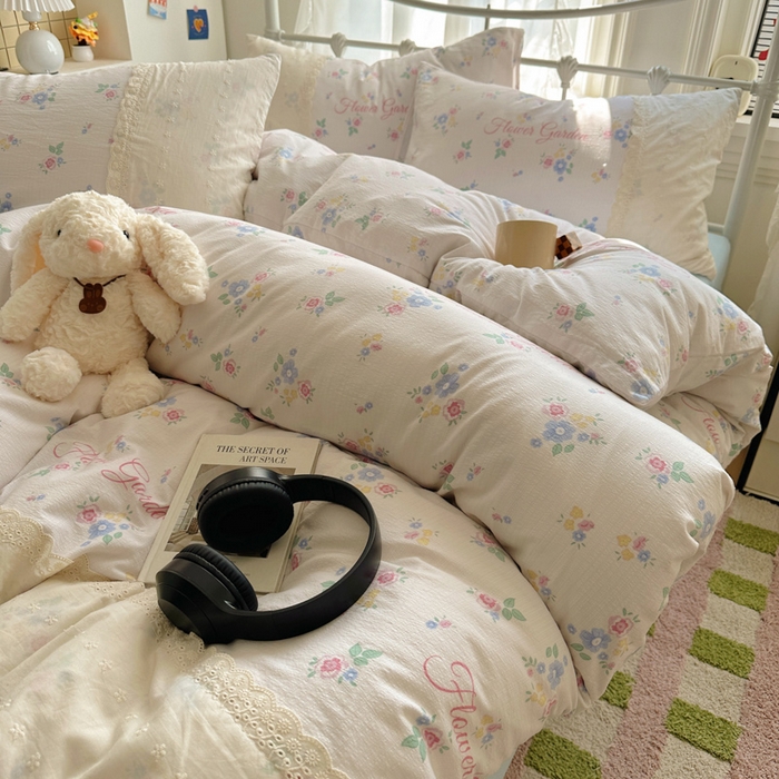 91家纺网 家纺一手货源 找家纺 花伞家居 2025新款A类韩系蕾丝花边云感木棉双层纱四件套（提供买家秀） 韩系锦朵