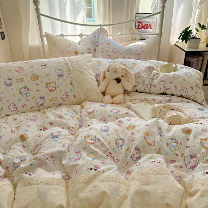 91家纺网 家纺一手货源 找家纺 花伞家居 2025新款A类韩系蕾丝花边云感木棉双层纱四件套（提供买家秀） 韩系快乐小猫