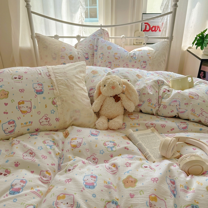 91家纺网 家纺一手货源 找家纺 花伞家居 2025新款A类韩系蕾丝花边云感木棉双层纱四件套（提供买家秀） 韩系快乐小猫