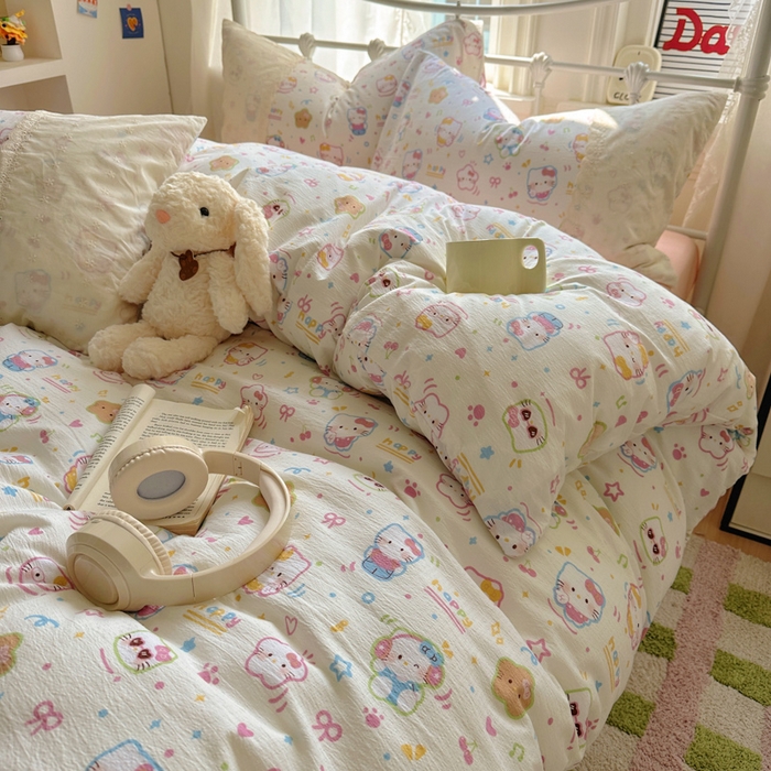 91家纺网 家纺一手货源 找家纺 花伞家居 2025新款A类韩系蕾丝花边云感木棉双层纱四件套（提供买家秀） 韩系快乐小猫