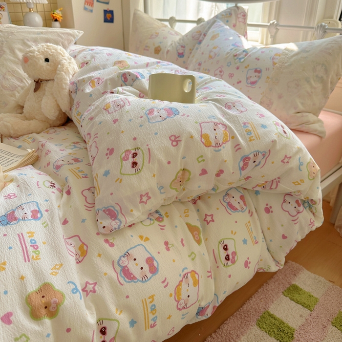 91家纺网 家纺一手货源 找家纺 花伞家居 2025新款A类韩系蕾丝花边云感木棉双层纱四件套（提供买家秀） 韩系快乐小猫