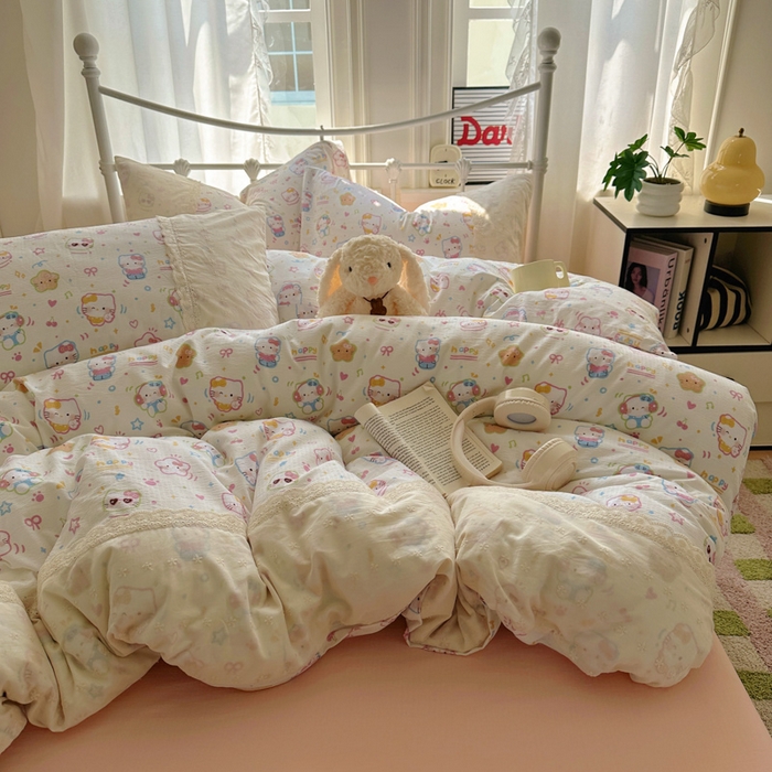 91家纺网 家纺一手货源 找家纺 花伞家居 2025新款A类韩系蕾丝花边云感木棉双层纱四件套（提供买家秀） 韩系快乐小猫