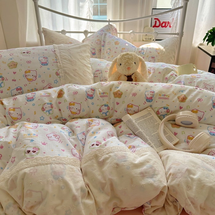 91家纺网 家纺一手货源 找家纺 花伞家居 2025新款A类韩系蕾丝花边云感木棉双层纱四件套（提供买家秀） 韩系快乐小猫