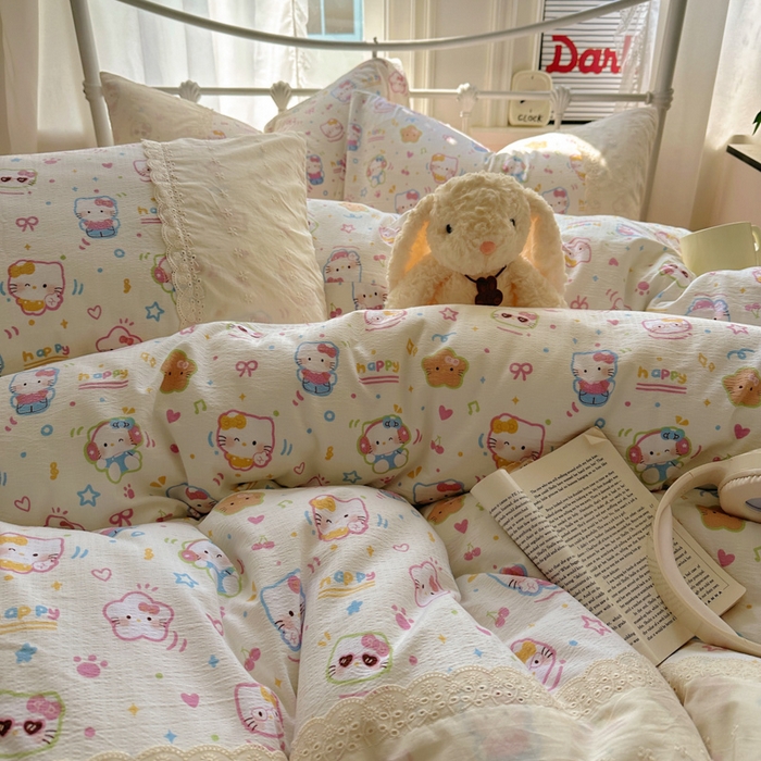 91家纺网 家纺一手货源 找家纺 花伞家居 2025新款A类韩系蕾丝花边云感木棉双层纱四件套（提供买家秀） 韩系快乐小猫