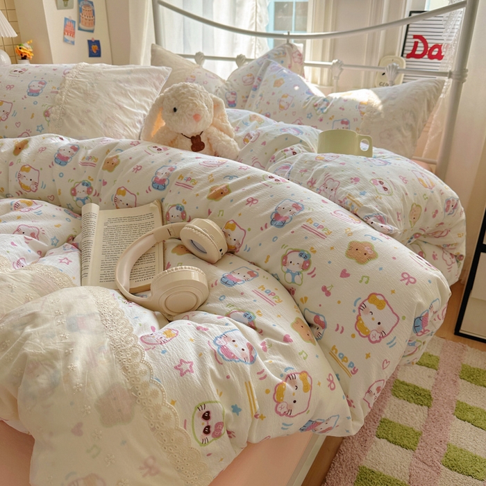 91家纺网 家纺一手货源 找家纺 花伞家居 2025新款A类韩系蕾丝花边云感木棉双层纱四件套（提供买家秀） 韩系快乐小猫