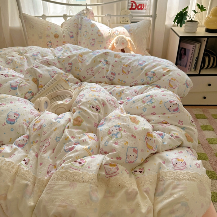 91家纺网 家纺一手货源 找家纺 花伞家居 2025新款A类韩系蕾丝花边云感木棉双层纱四件套（提供买家秀） 韩系快乐小猫