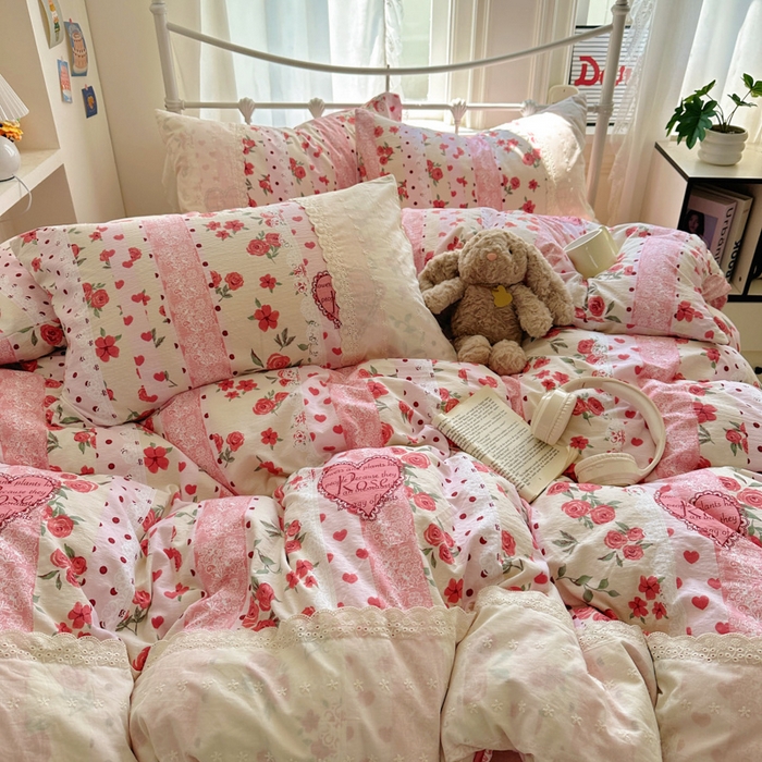 91家纺网 家纺一手货源 找家纺 花伞家居 2025新款A类韩系蕾丝花边云感木棉双层纱四件套（提供买家秀） 韩系热恋城堡