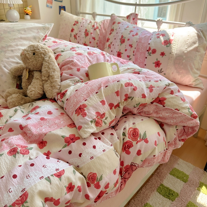 91家纺网 家纺一手货源 找家纺 花伞家居 2025新款A类韩系蕾丝花边云感木棉双层纱四件套（提供买家秀） 韩系热恋城堡