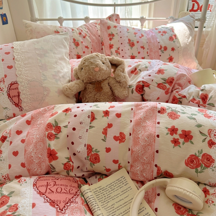 91家纺网 家纺一手货源 找家纺 花伞家居 2025新款A类韩系蕾丝花边云感木棉双层纱四件套（提供买家秀） 韩系热恋城堡